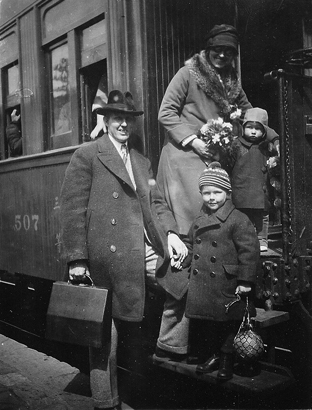 Missionary family Oscar, Hellen, Dollan, and Roy Rinell board train to the Trans-Siberian Railroad to Sweden from China, 1929 